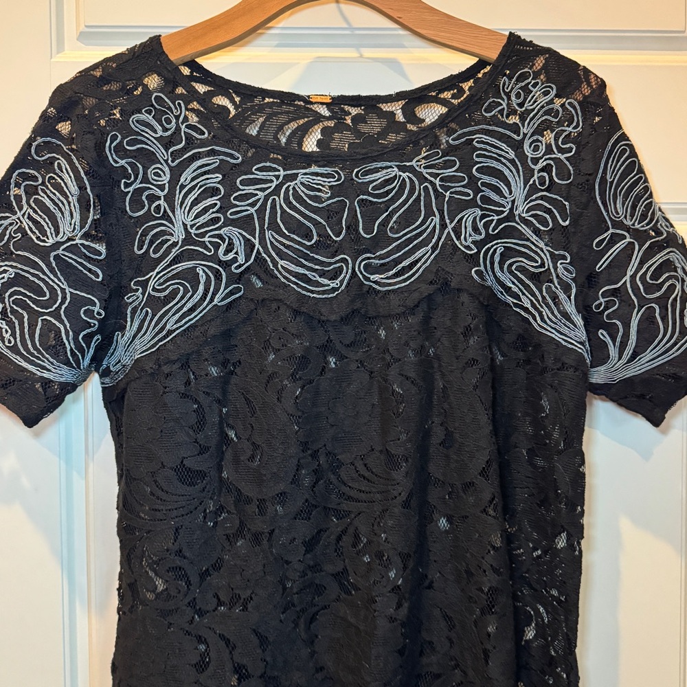 FREE PEOPLE Black Lace Gray Embroidered Beautiful Dreamer Dress Large (No Slip) - Picture 4 of 6